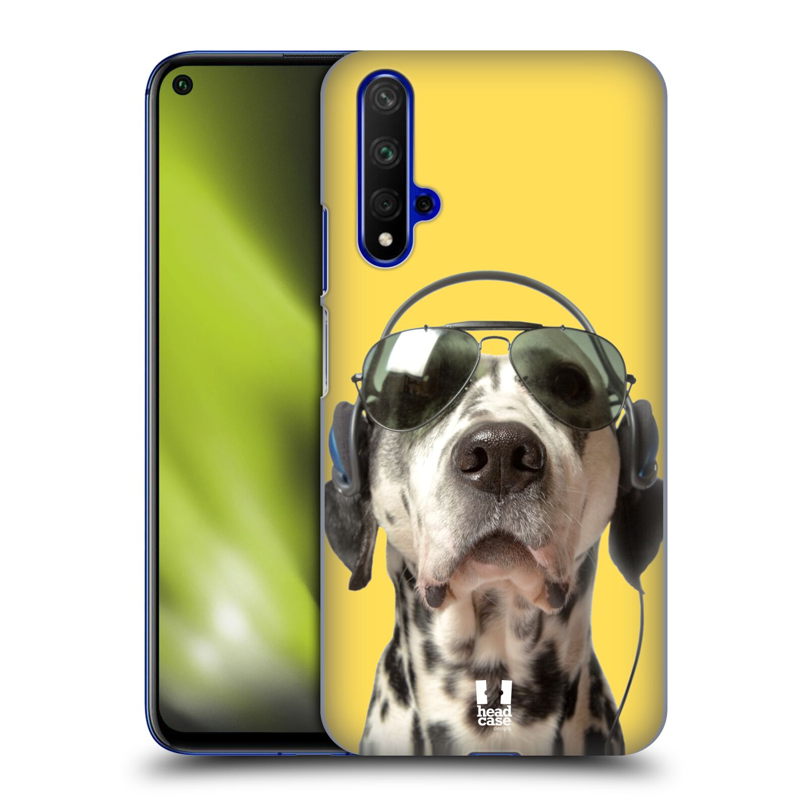 Pouzdro na mobil Honor 20 - HEAD CASE - vzor Legrační zvířátka dalmatin se sluchátky žlutá