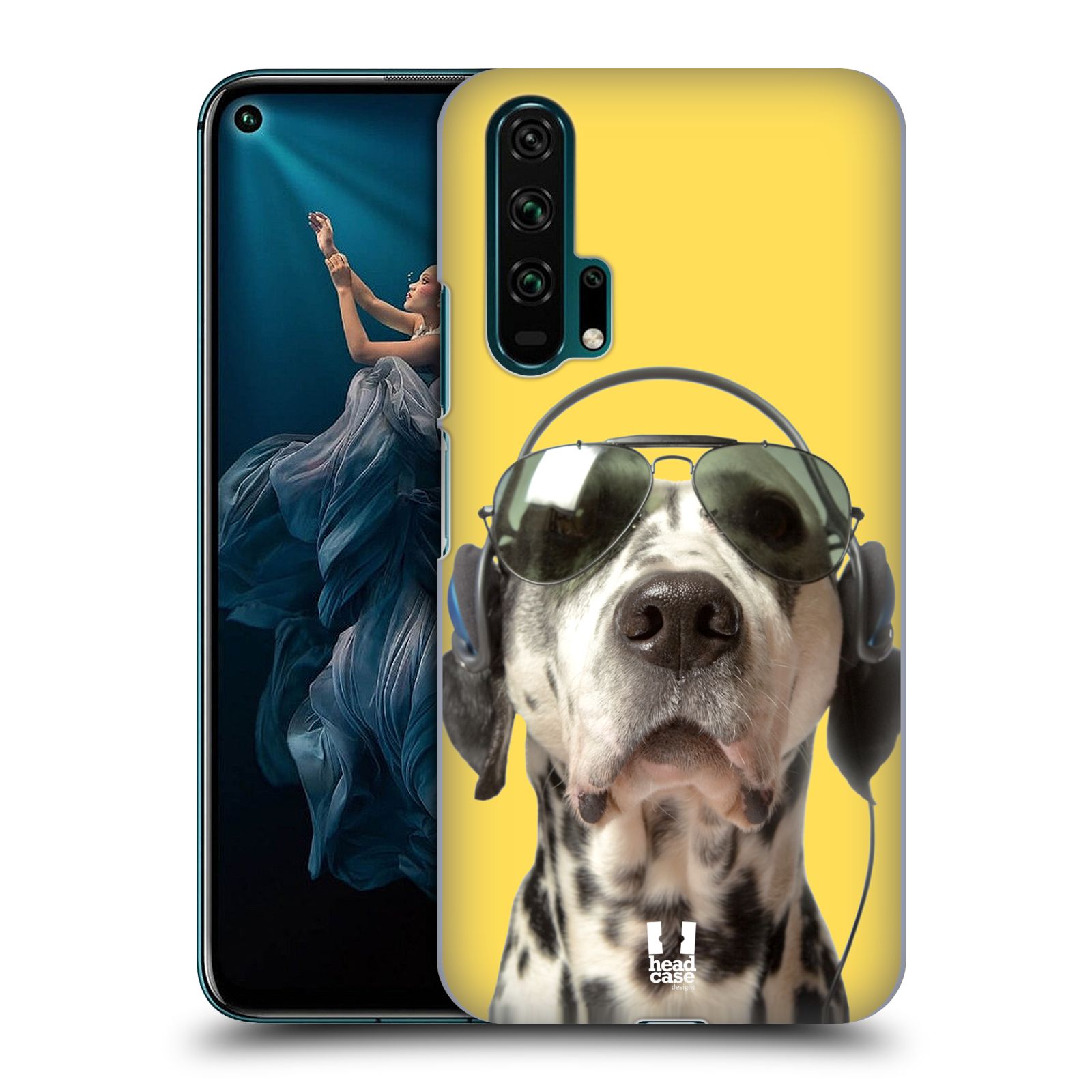 Pouzdro na mobil Honor 20 PRO - HEAD CASE - vzor Legrační zvířátka dalmatin se sluchátky žlutá