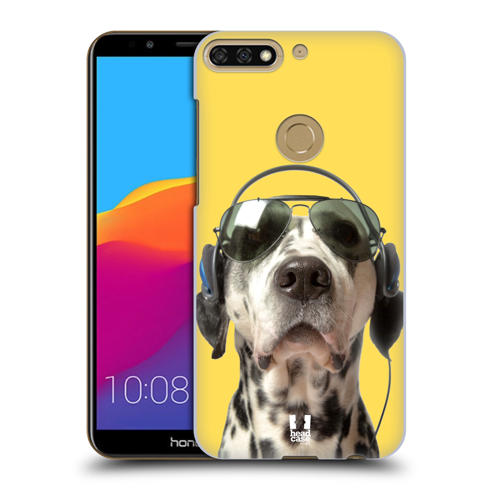 HEAD CASE plastový obal na mobil Honor 7c vzor Legrační zvířátka dalmatin se sluchátky žlutá