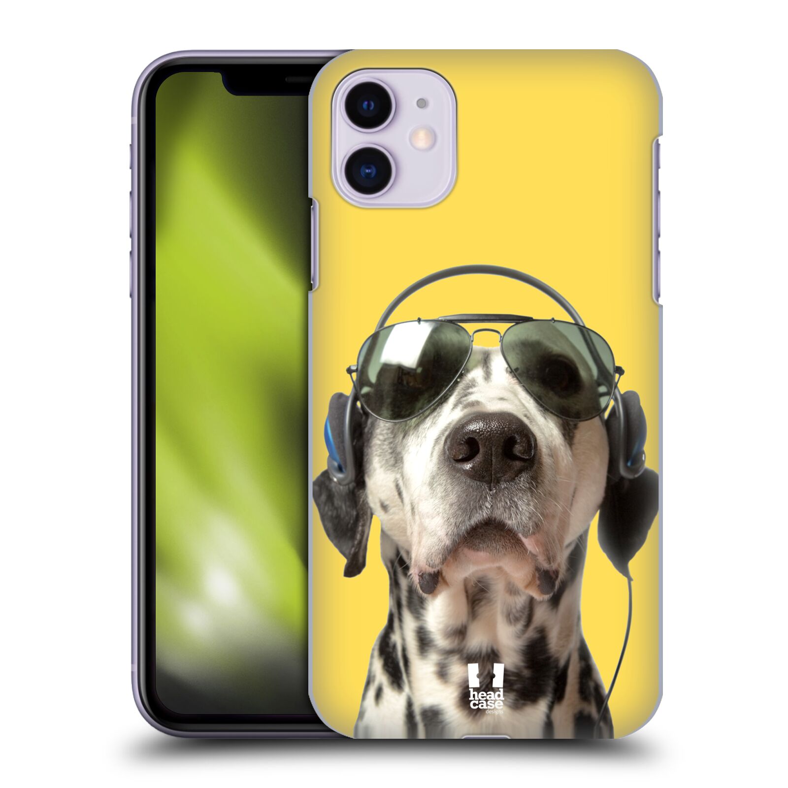 Pouzdro na mobil Apple Iphone 11 - HEAD CASE - vzor Legrační zvířátka dalmatin se sluchátky žlutá