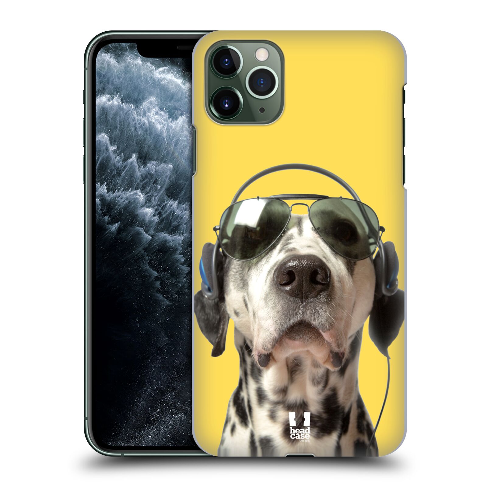 Pouzdro na mobil Apple Iphone 11 PRO MAX - HEAD CASE - vzor Legrační zvířátka dalmatin se sluchátky žlutá