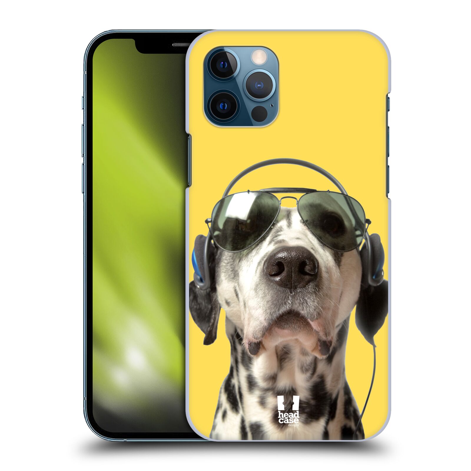 HEAD CASE plastový obal na mobil Apple Iphone 12 / Iphone 12 PRO vzor Legrační zvířátka dalmatin se sluchátky žlutá
