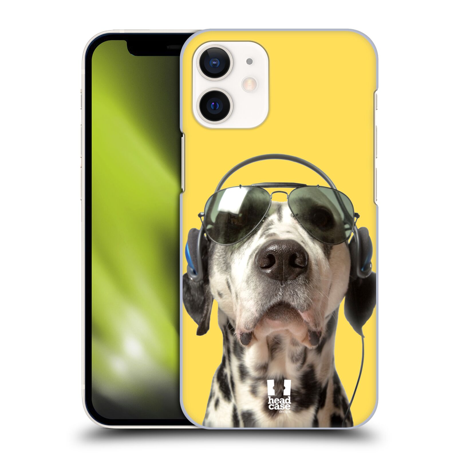 Plastový obal na mobil Apple Iphone 12 MINI vzor Legrační zvířátka dalmatin se sluchátky žlutá