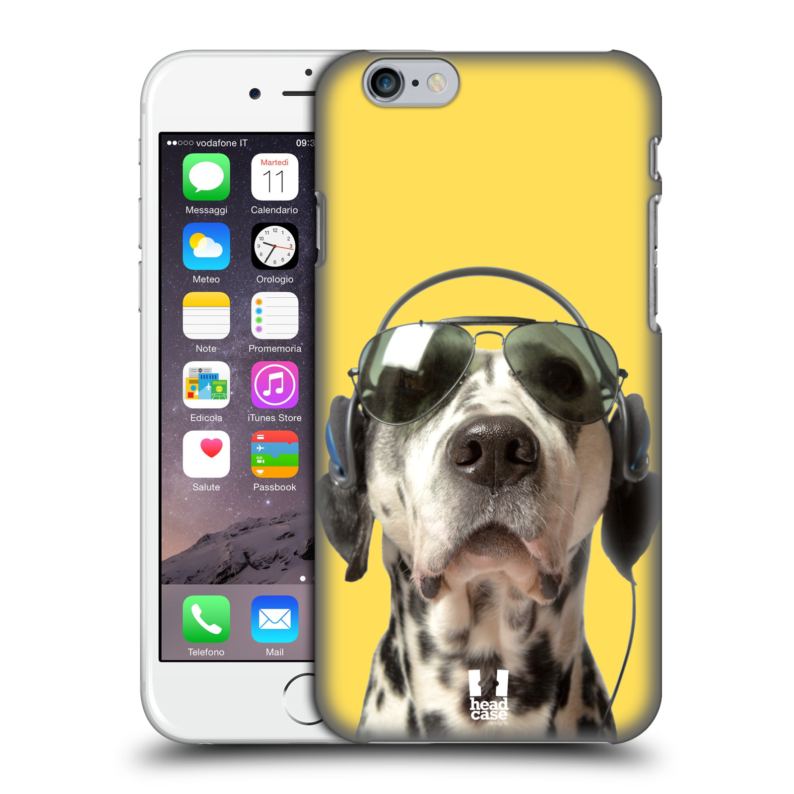 Plastové pouzdro pro mobil Apple Iphone 6/6S vzor Legrační zvířátka dalmatin se sluchátky žlutá