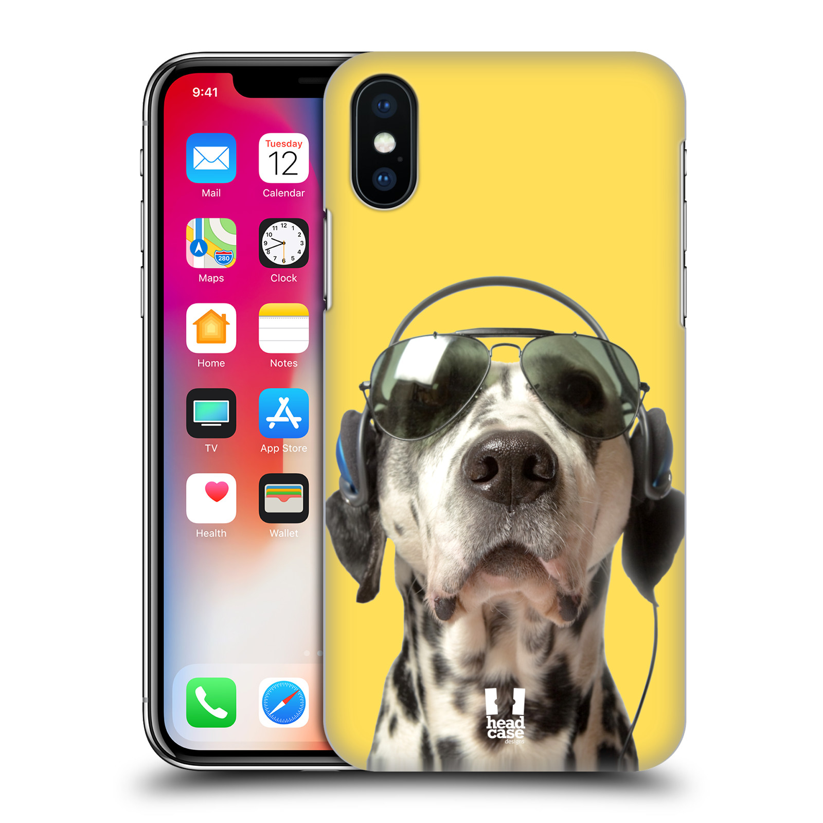 HEAD CASE plastový obal na mobil Apple Iphone X / XS vzor Legrační zvířátka dalmatin se sluchátky žlutá