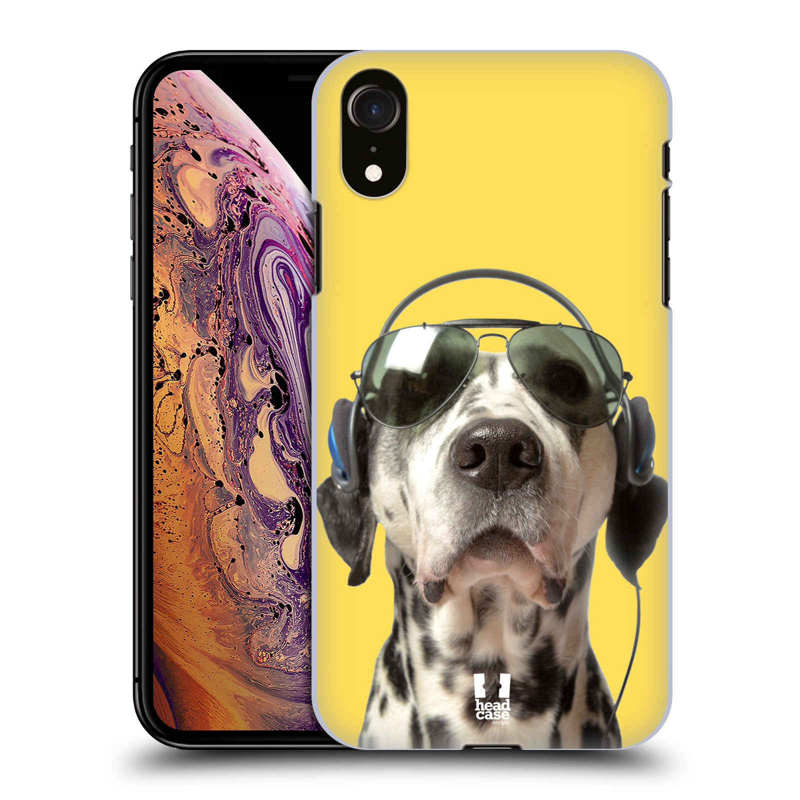 HEAD CASE plastový obal na mobil Apple Iphone XR vzor Legrační zvířátka dalmatin se sluchátky žlutá