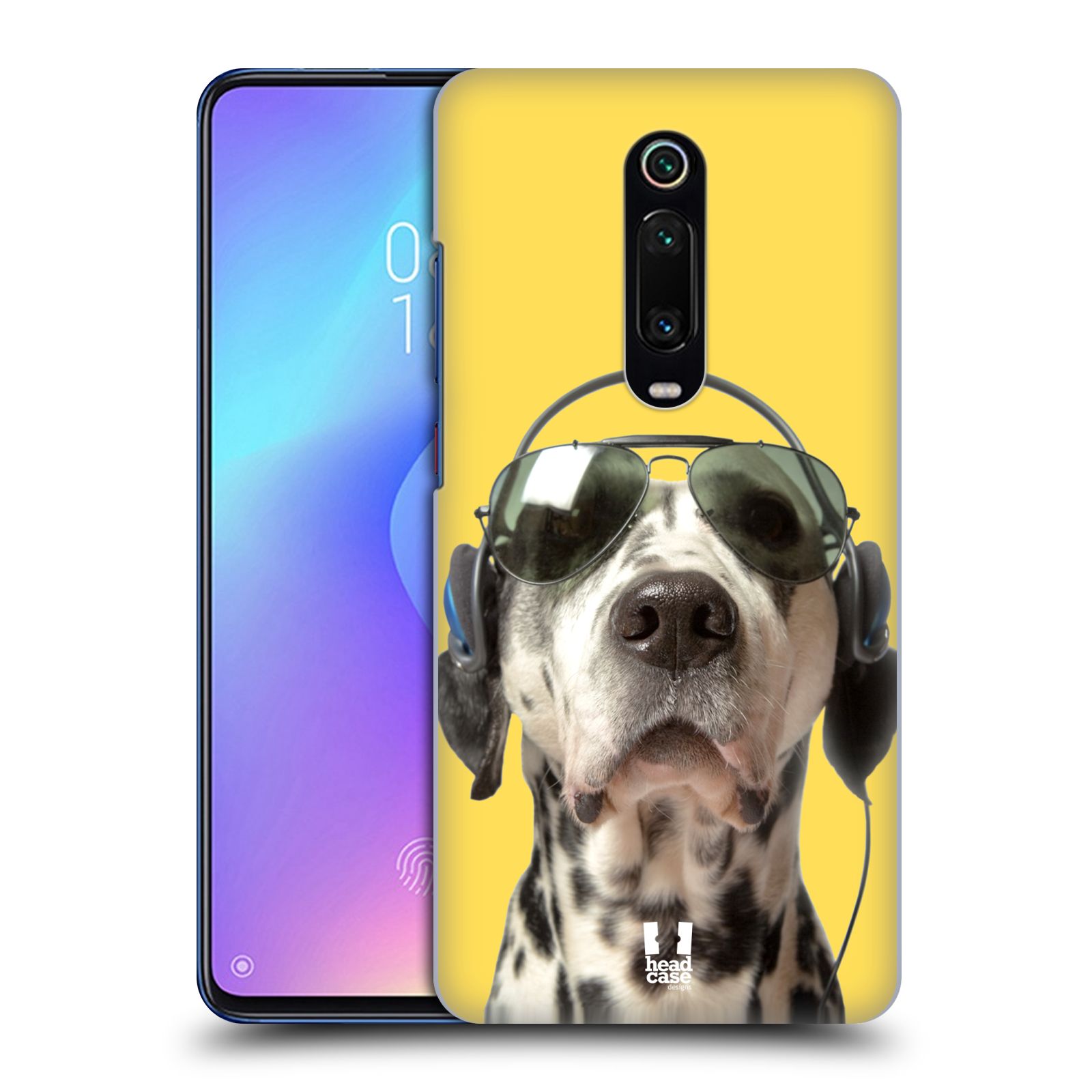 Pouzdro na mobil Xiaomi Mi 9T PRO - HEAD CASE - vzor Legrační zvířátka dalmatin se sluchátky žlutá