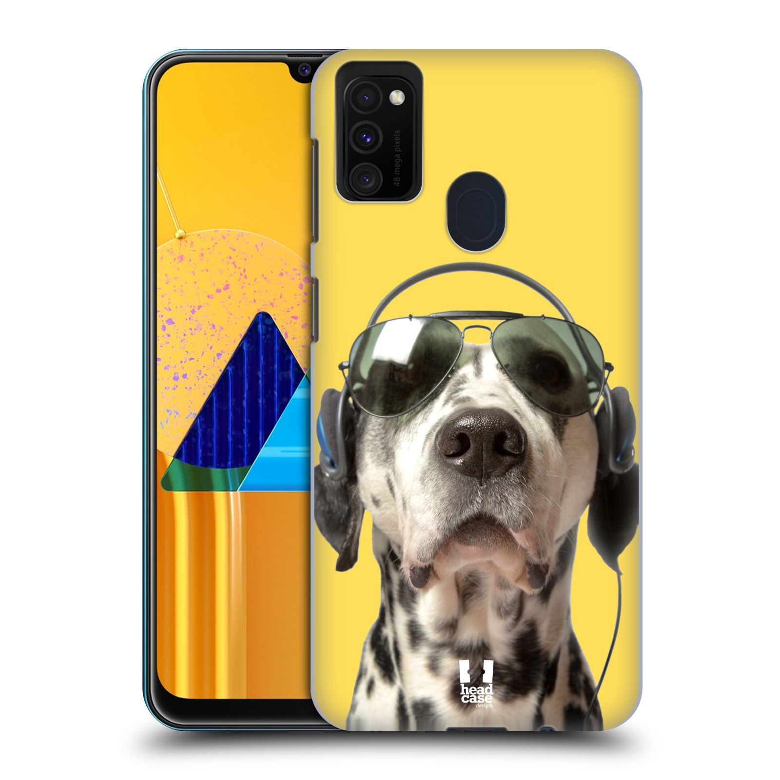 Zadní kryt na mobil Samsung Galaxy M21 vzor Legrační zvířátka dalmatin se sluchátky žlutá