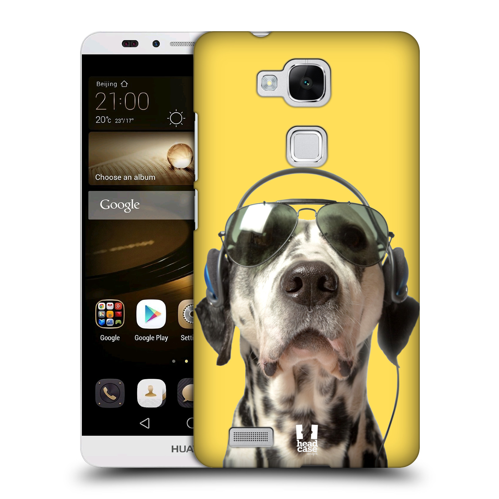 HEAD CASE plastový obal na mobil Huawei Mate 7 vzor Legrační zvířátka dalmatin se sluchátky žlutá