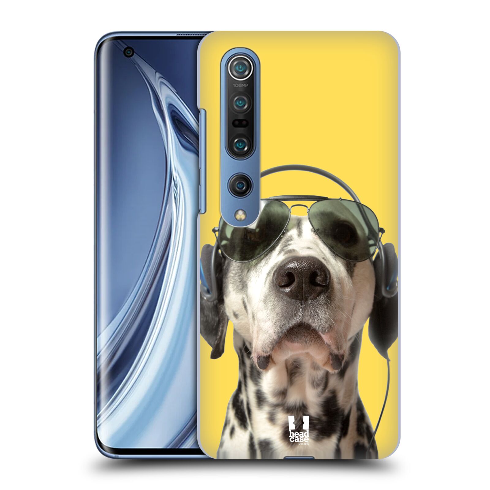 HEAD CASE plastový obal na mobil Xiaomi Mi 10 vzor Legrační zvířátka dalmatin se sluchátky žlutá