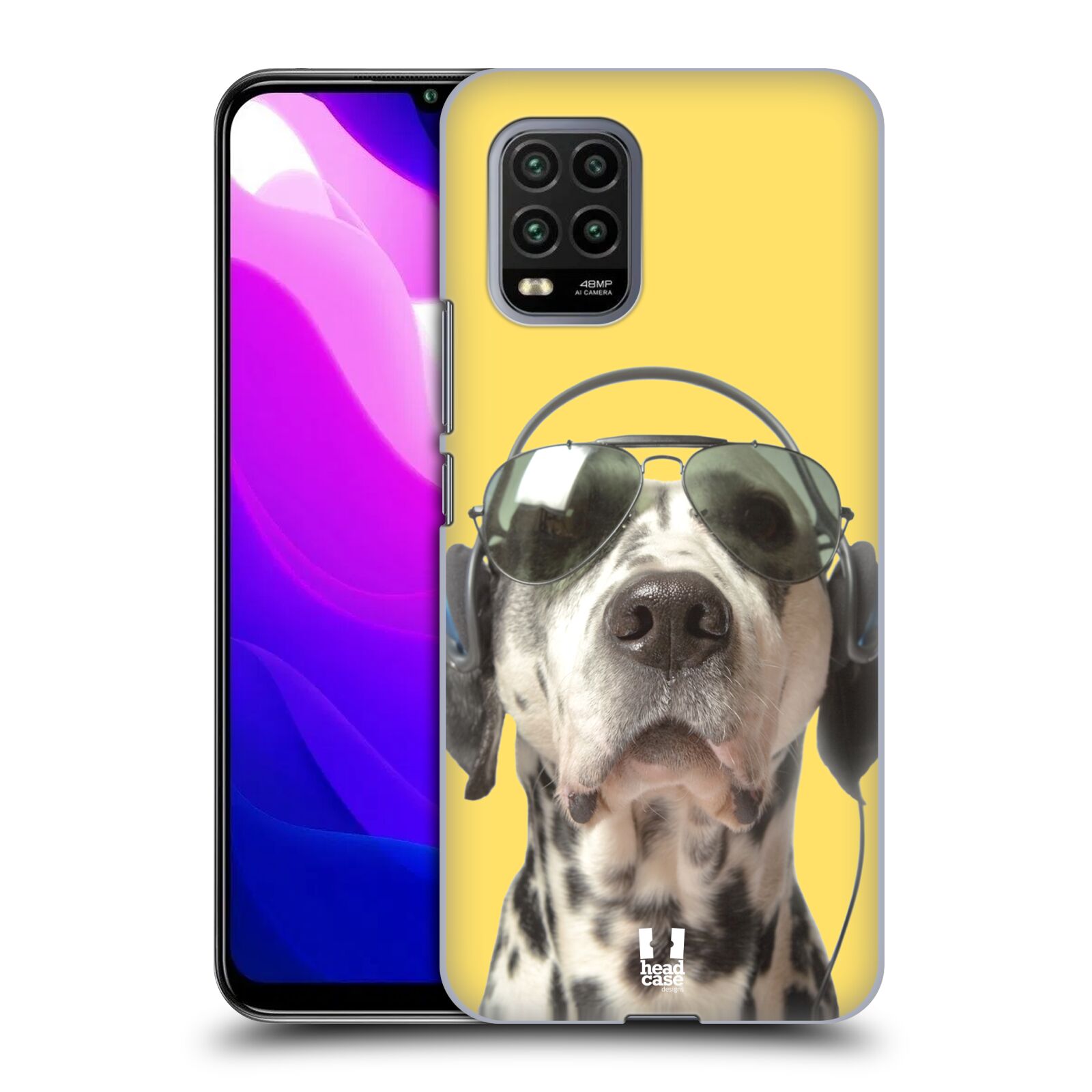 Zadní kryt, obal na mobil Xiaomi Mi 10 LITE vzor Legrační zvířátka dalmatin se sluchátky žlutá