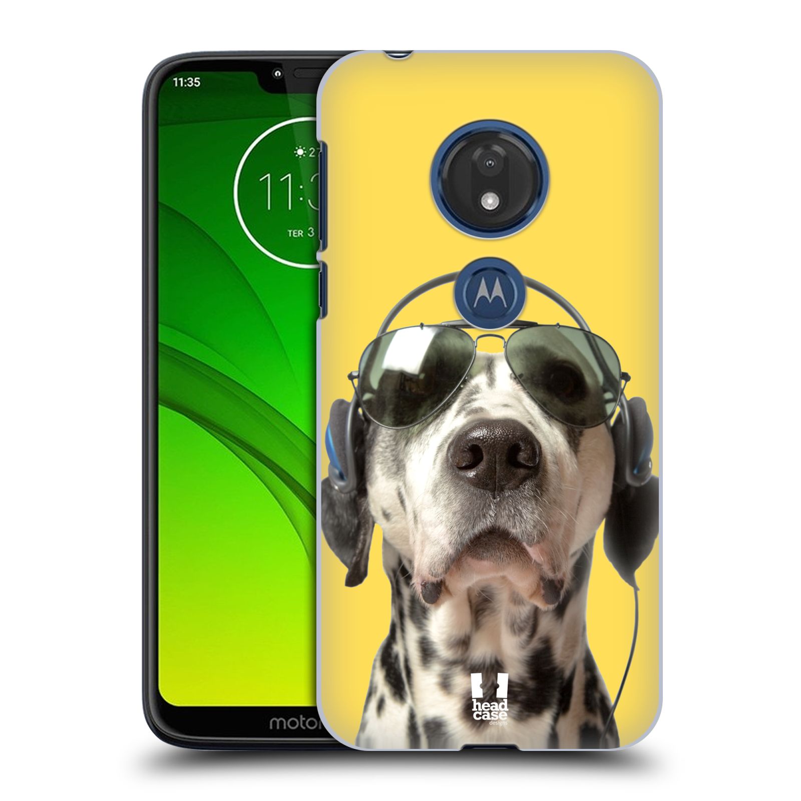 Pouzdro na mobil Motorola Moto G7 Play vzor Legrační zvířátka dalmatin se sluchátky žlutá