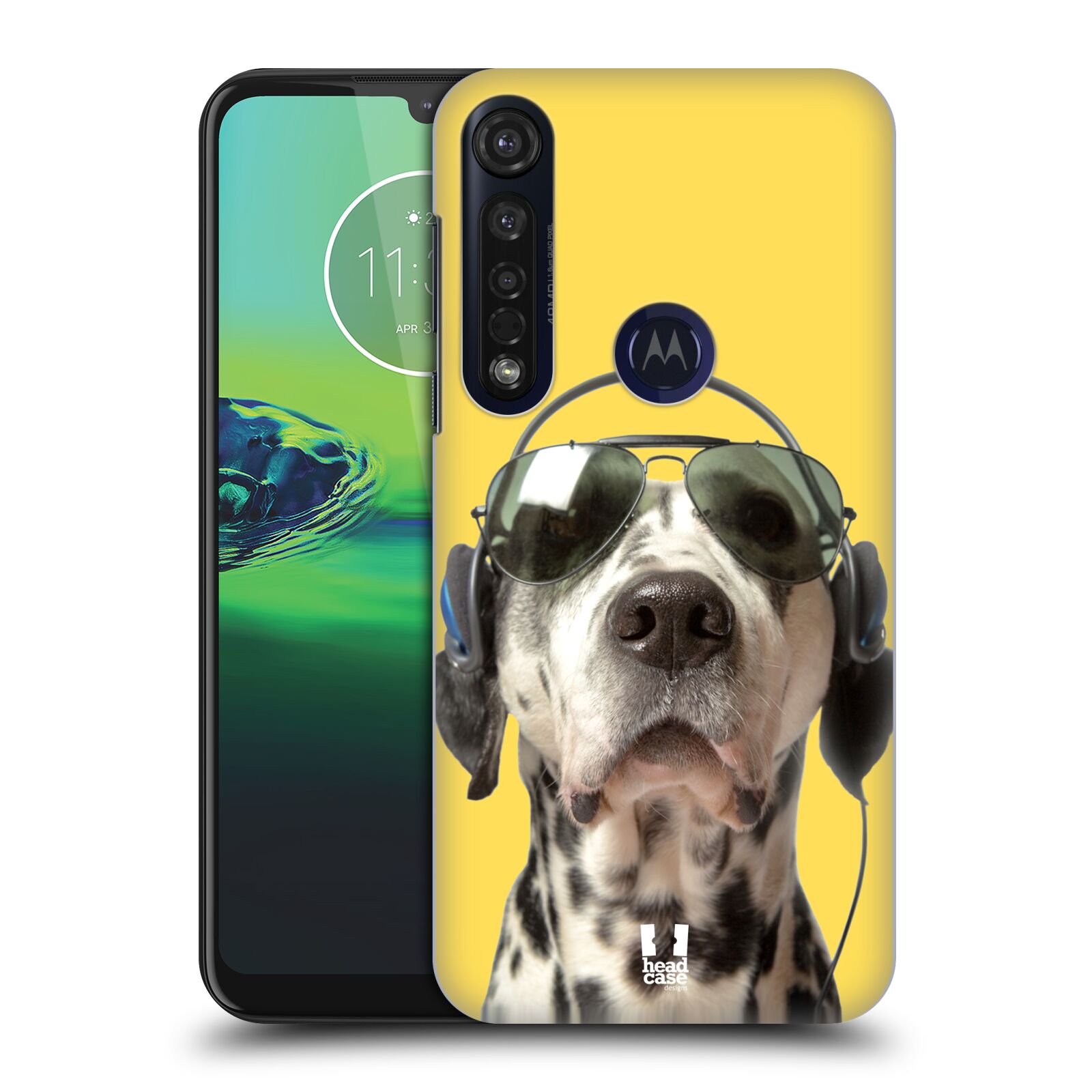 Pouzdro na mobil Motorola Moto G8 PLUS - HEAD CASE - vzor Legrační zvířátka dalmatin se sluchátky žlutá
