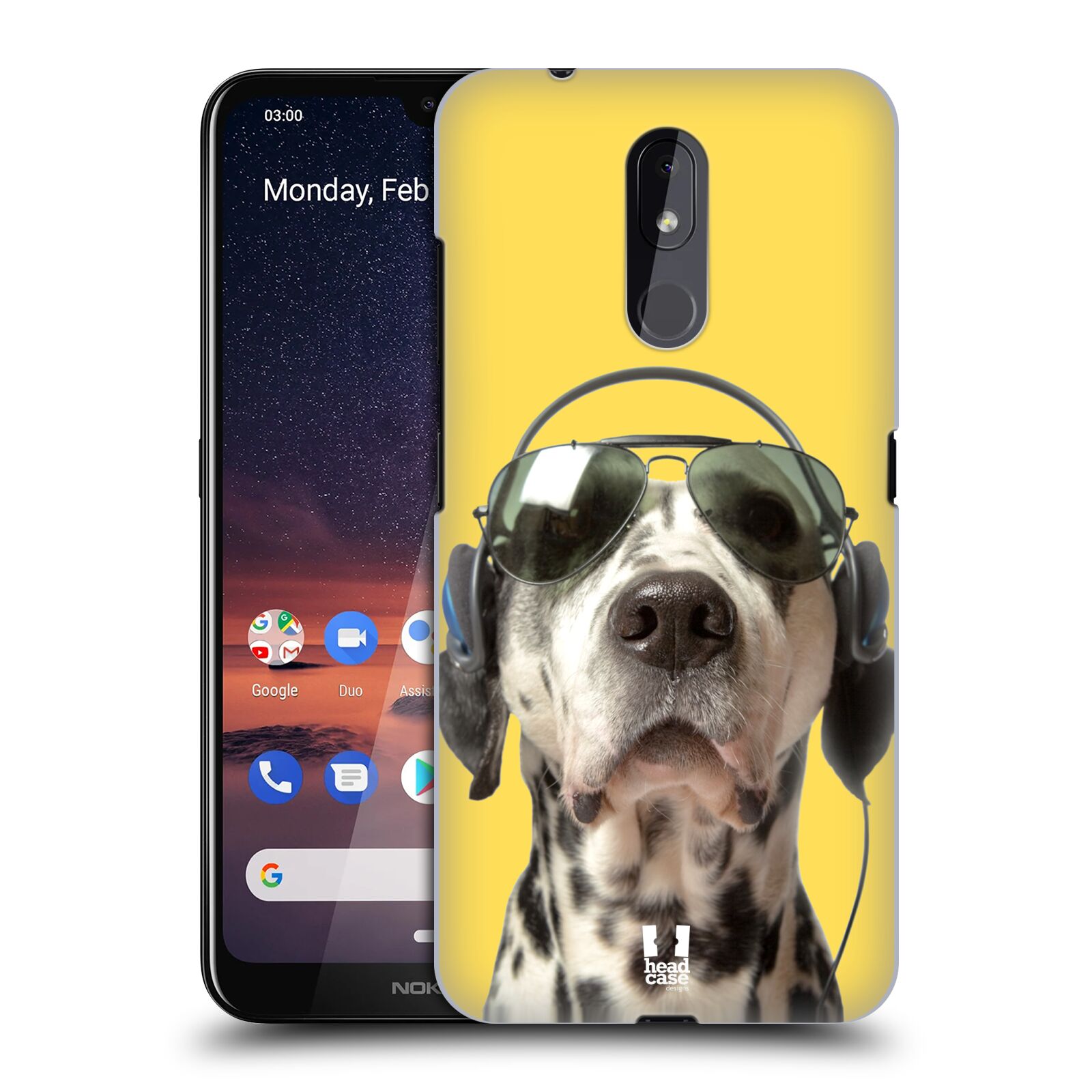 Pouzdro na mobil Nokia 3.2 - HEAD CASE - vzor Legrační zvířátka dalmatin se sluchátky žlutá
