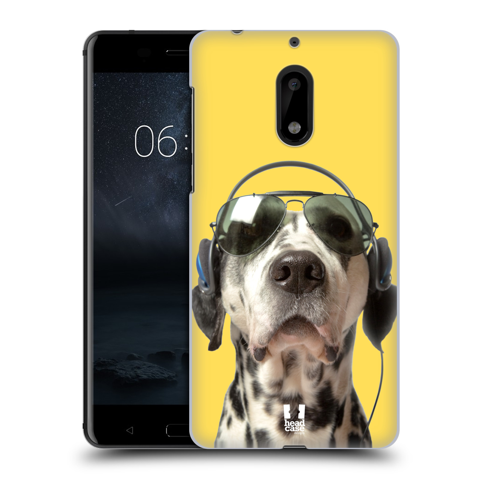 HEAD CASE plastový obal na mobil Nokia 6 vzor Legrační zvířátka dalmatin se sluchátky žlutá