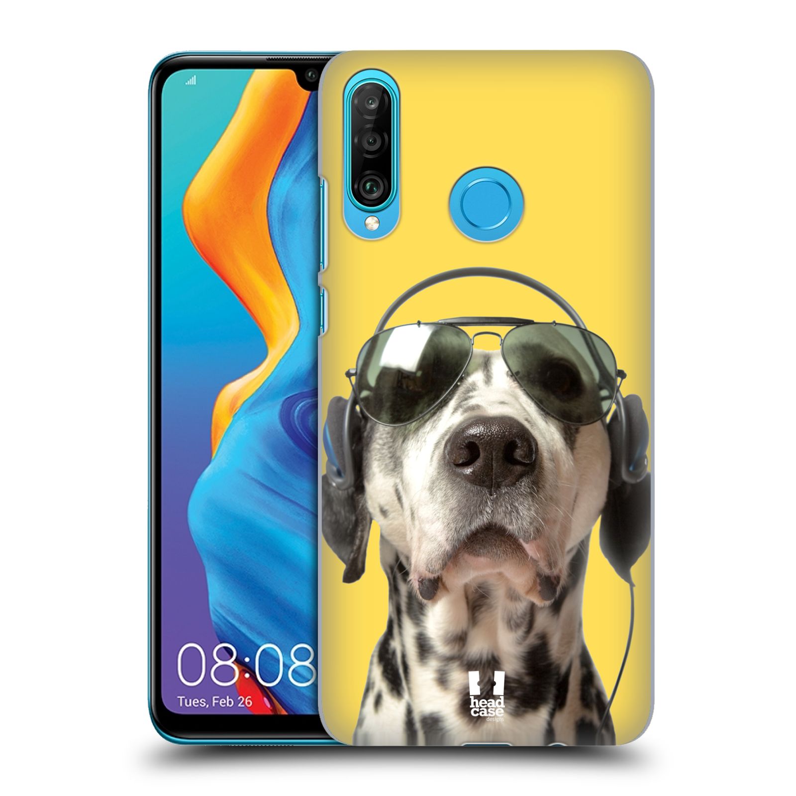 Pouzdro na mobil Huawei P30 LITE - HEAD CASE - vzor Legrační zvířátka dalmatin se sluchátky žlutá