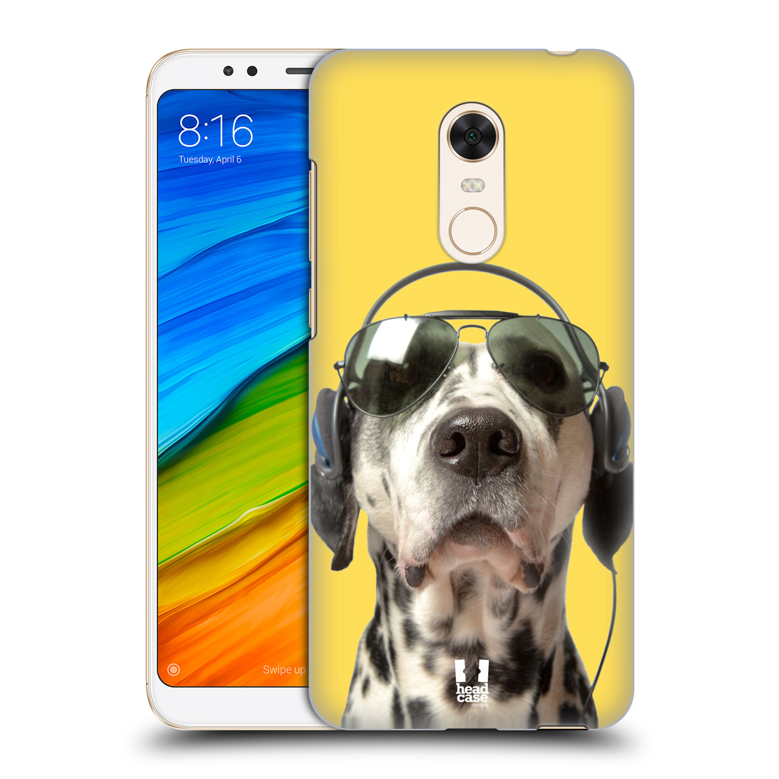 HEAD CASE plastový obal na mobil Xiaomi Redmi 5 PLUS vzor Legrační zvířátka dalmatin se sluchátky žlutá