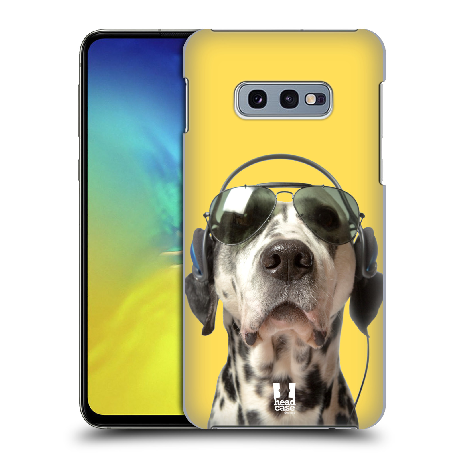 Pouzdro na mobil Samsung Galaxy S10e - HEAD CASE - vzor Legrační zvířátka dalmatin se sluchátky žlutá