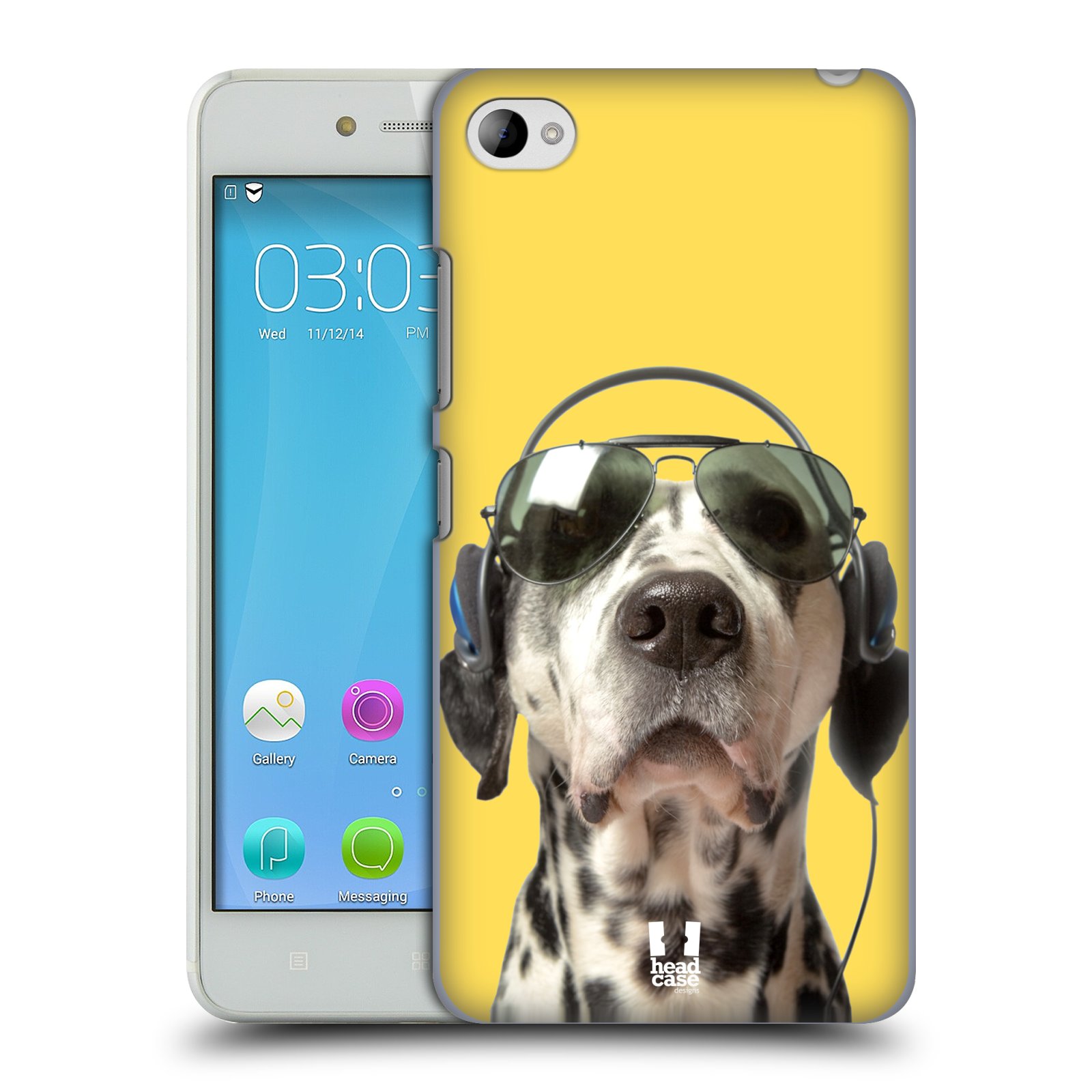 HEAD CASE pevný plastový obal na mobil LENOVO S90 vzor Legrační zvířátka dalmatin se sluchátky žlutá