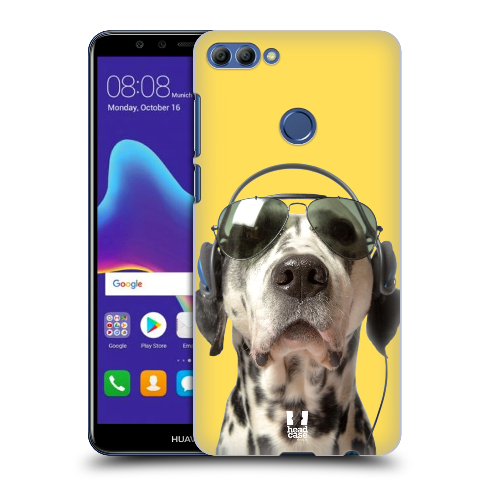 HEAD CASE plastový obal na mobil Huawei Y9 2018 vzor Legrační zvířátka dalmatin se sluchátky žlutá