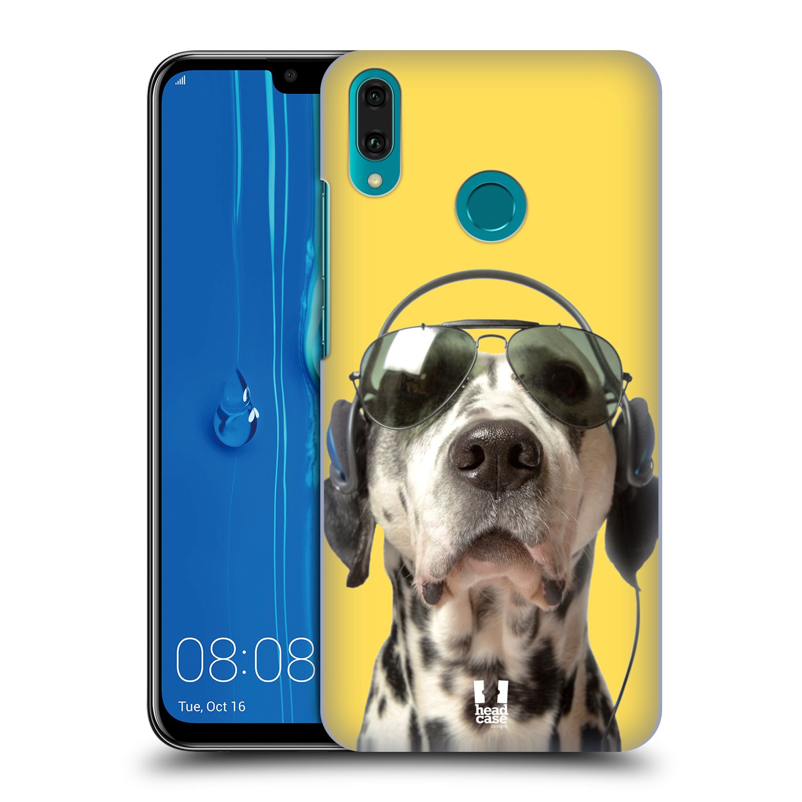 Pouzdro na mobil Huawei Y9 2019 - HEAD CASE - vzor Legrační zvířátka dalmatin se sluchátky žlutá