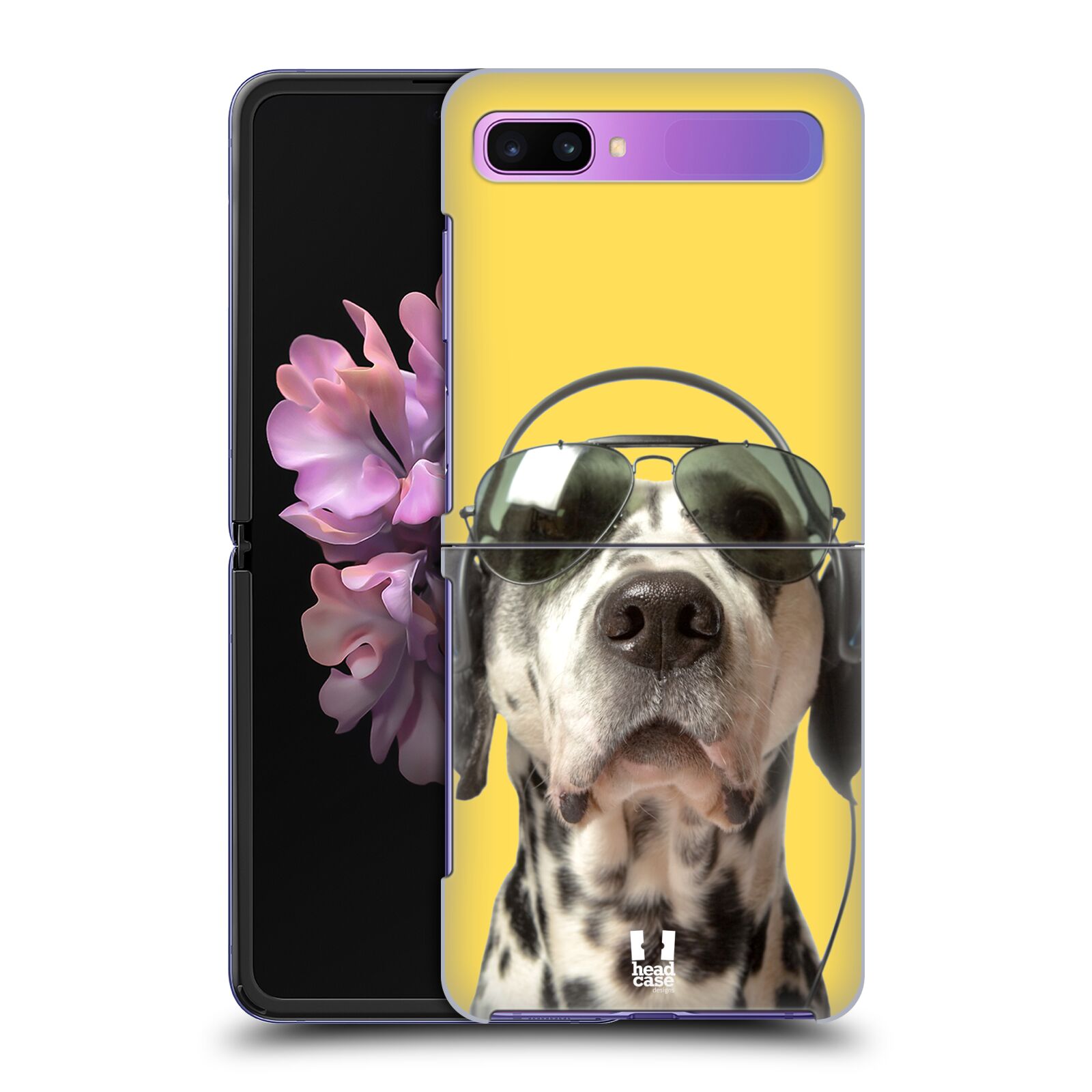 Zadní kryt na mobil Samsung Galaxy Z Flip vzor Legrační zvířátka dalmatin se sluchátky žlutá