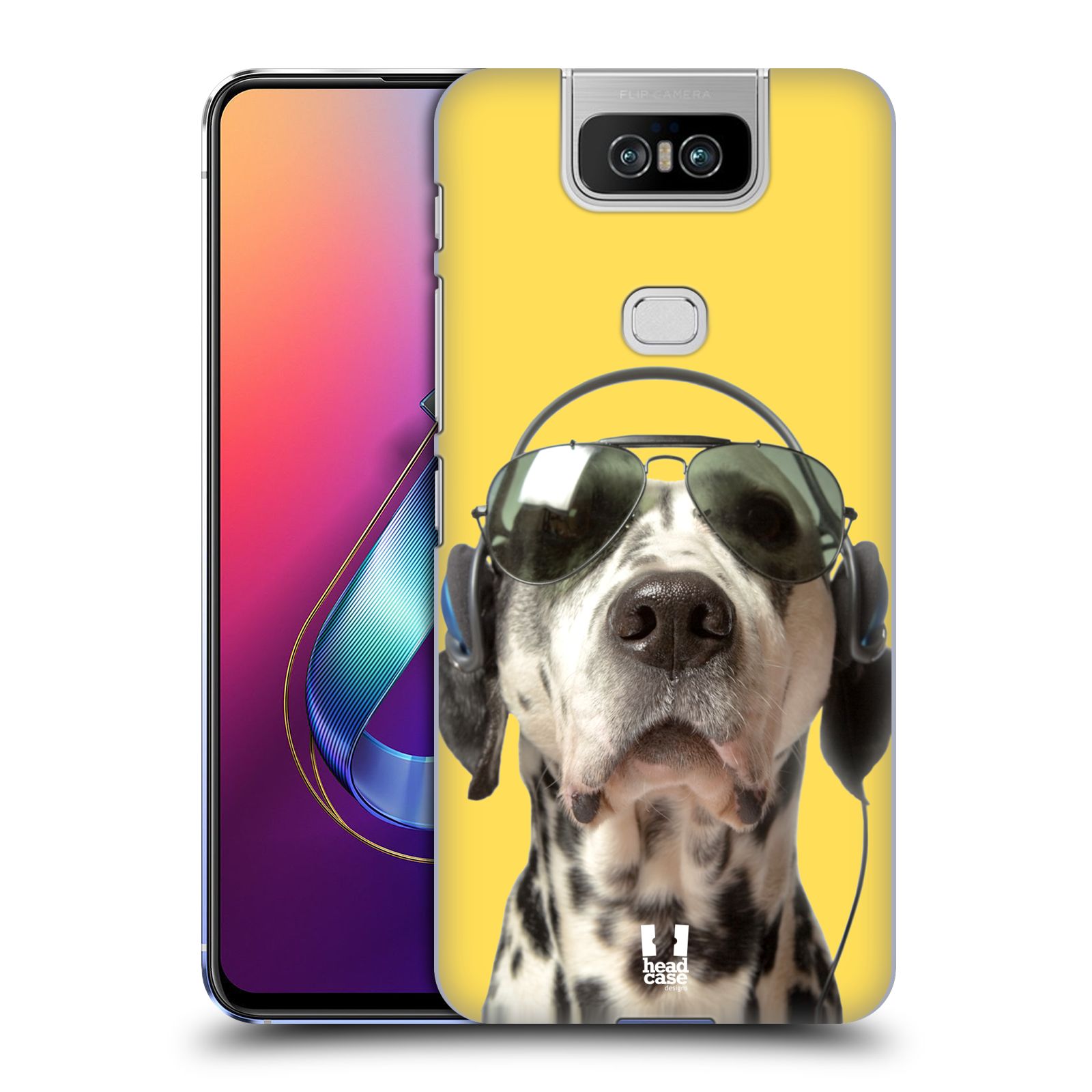 Pouzdro na mobil Asus Zenfone 6 ZS630KL - HEAD CASE - vzor Legrační zvířátka dalmatin se sluchátky žlutá