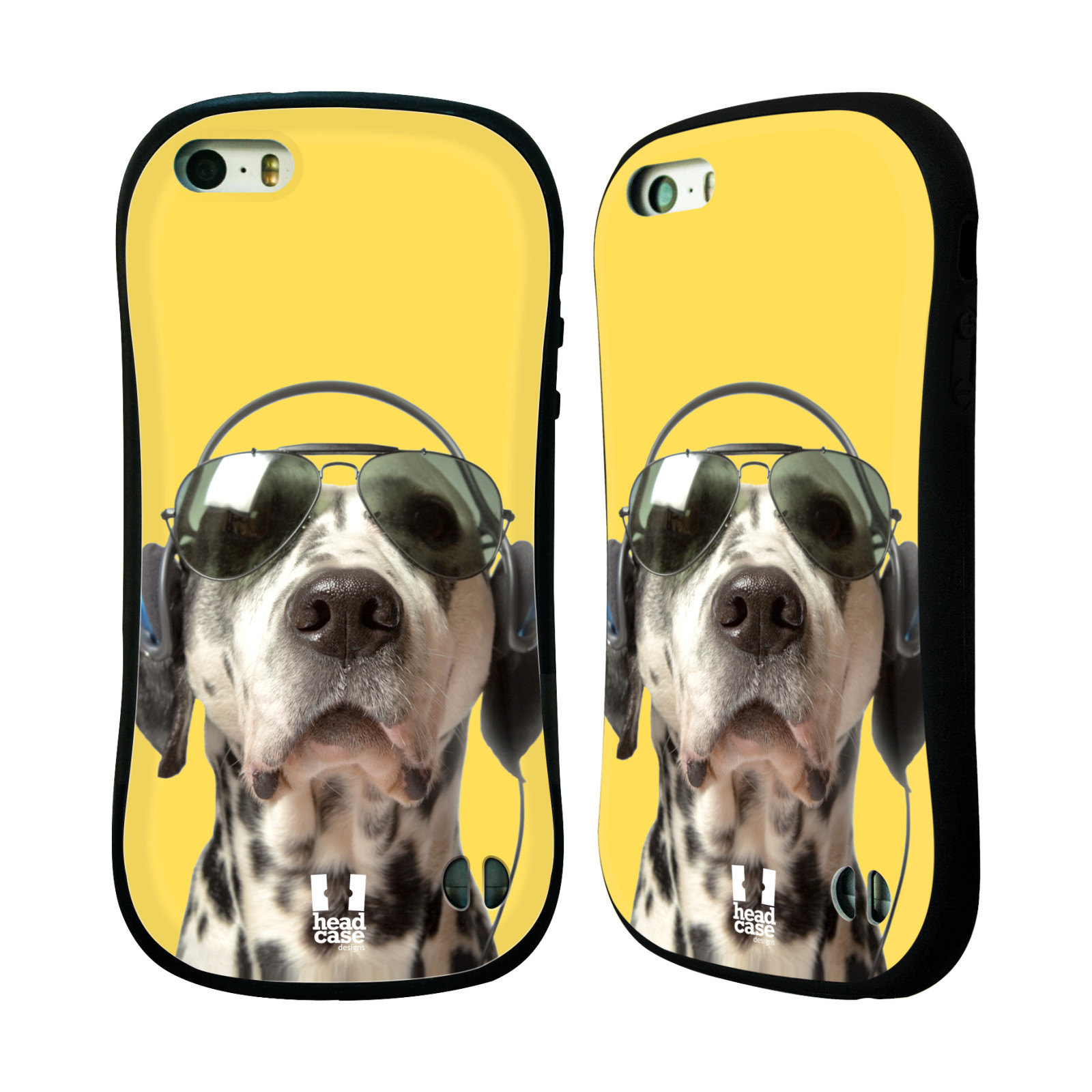 HEAD CASE silikon/plast odolný obal na mobil Apple Iphone 5/5S vzor Legrační zvířátka dalmatin se sluchátky žlutá