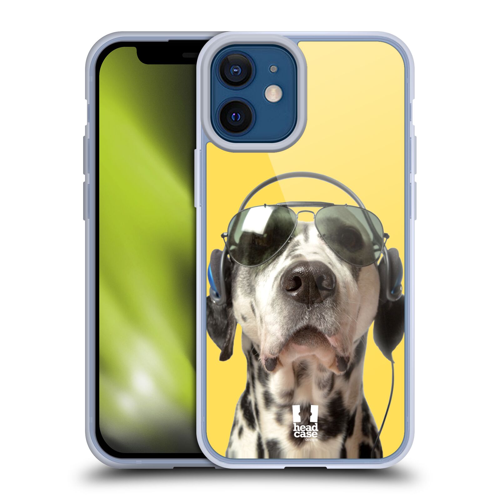 Plastový obal na mobil Apple Iphone 12 MINI vzor Legrační zvířátka dalmatin se sluchátky žlutá