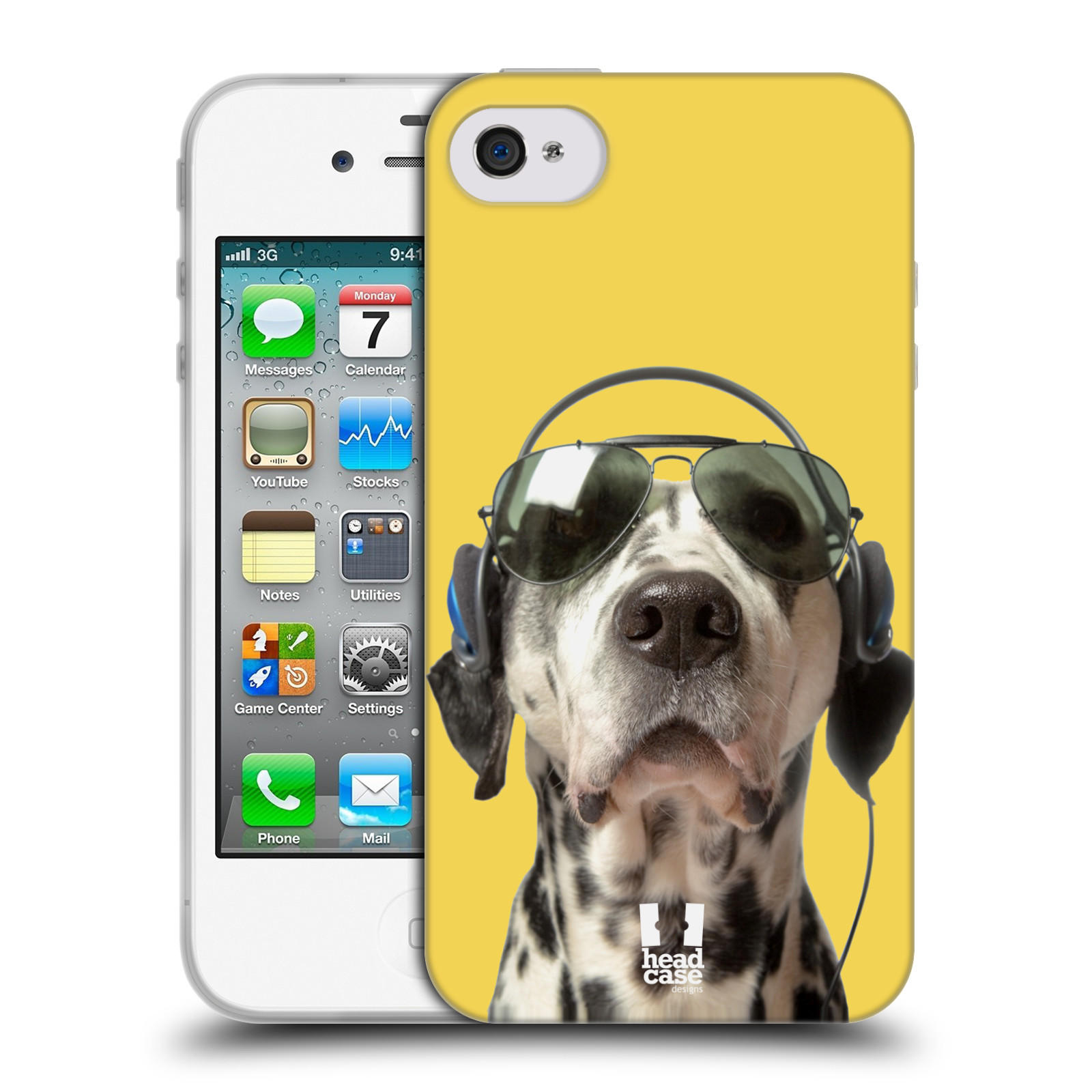 HEAD CASE silikonový obal na mobil Apple Iphone 4/4S vzor Legrační zvířátka dalmatin se sluchátky žlutá