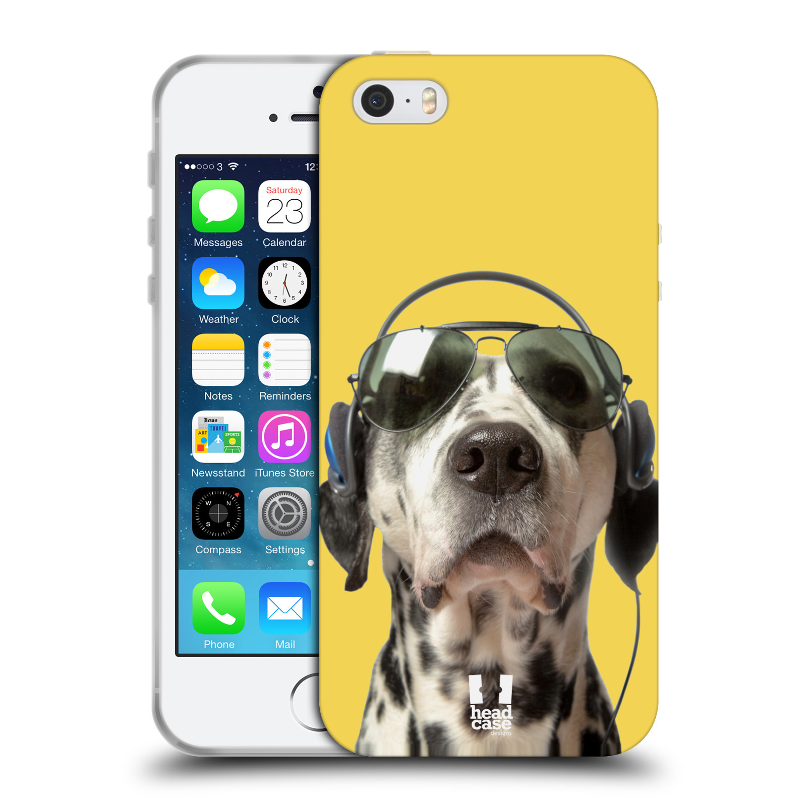 HEAD CASE silikonový obal na mobil Apple Iphone 5/5S vzor Legrační zvířátka dalmatin se sluchátky žlutá