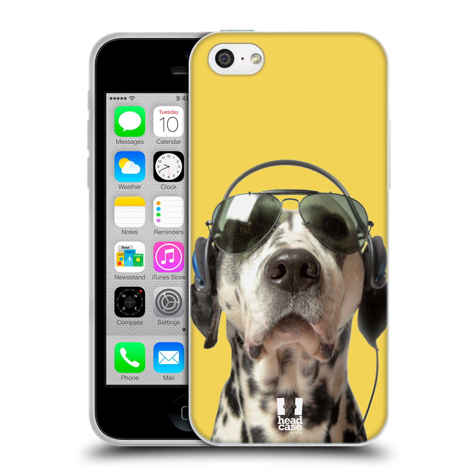 HEAD CASE silikonový obal na mobil Apple Iphone 5C vzor Legrační zvířátka dalmatin se sluchátky žlutá