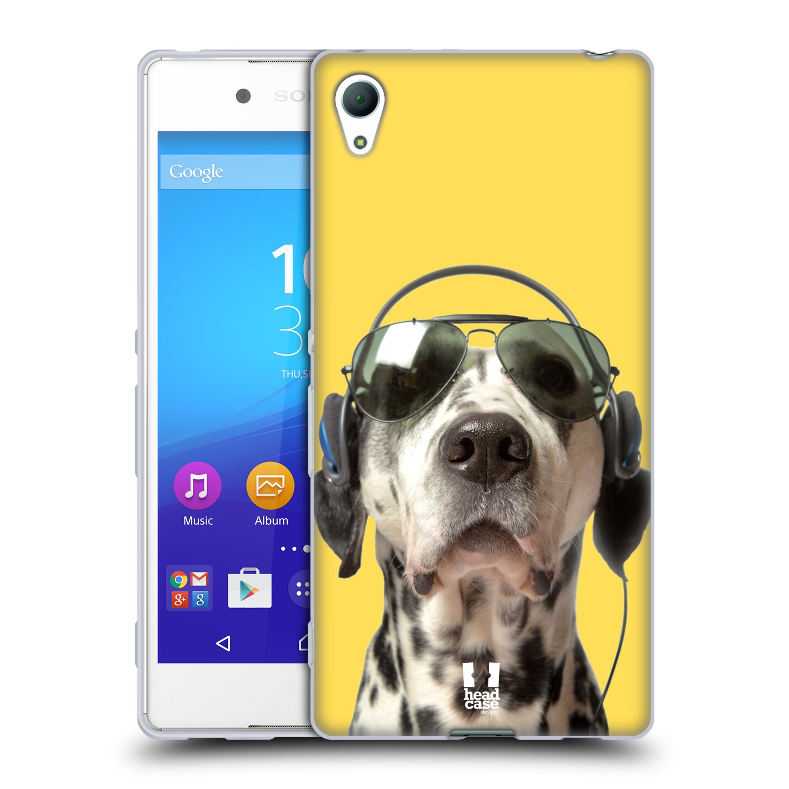 HEAD CASE silikonový obal na mobil Sony Xperia Z3 + (PLUS) vzor Legrační zvířátka dalmatin se sluchátky žlutá