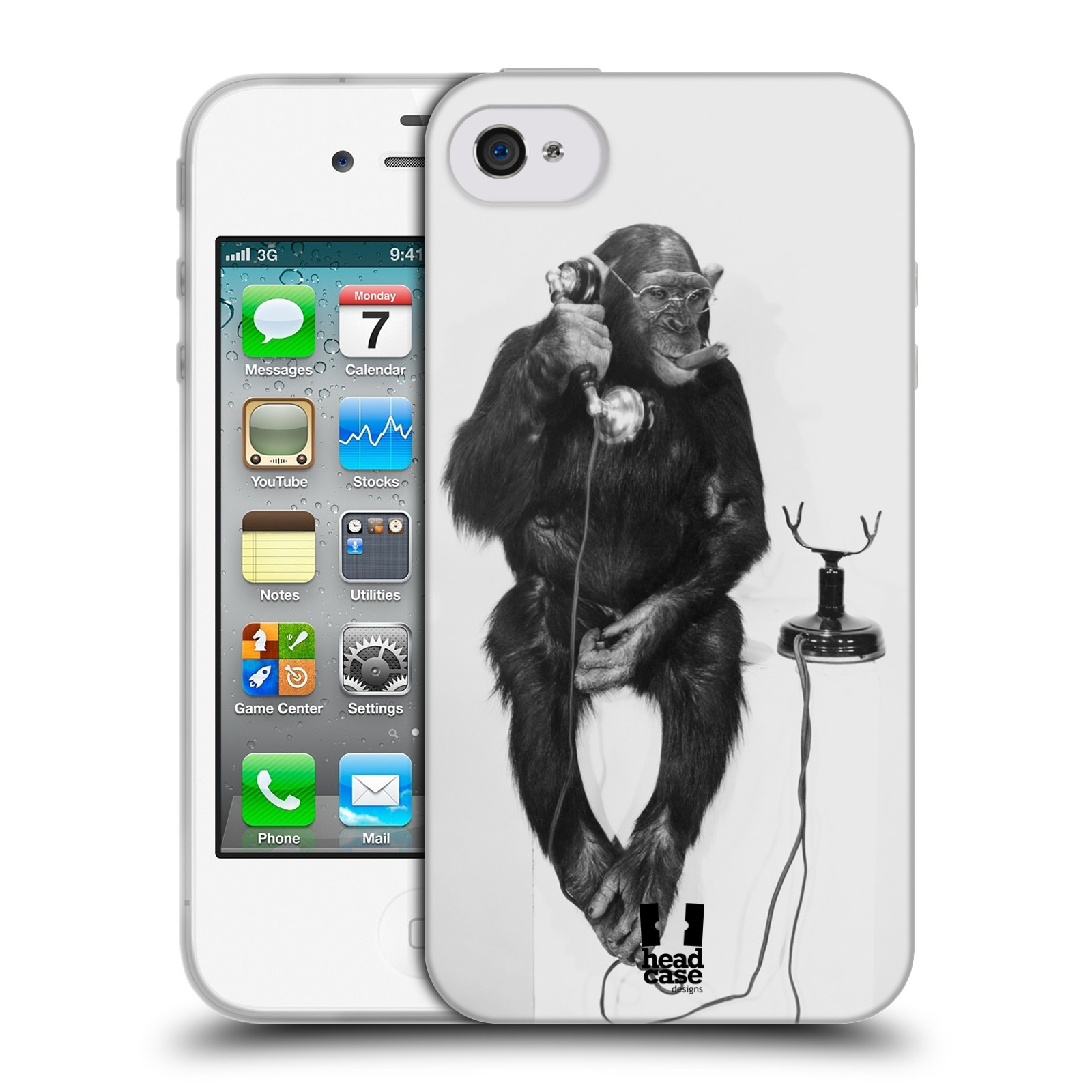 HEAD CASE silikonový obal na mobil Apple Iphone 4/4S vzor Legrační zvířátka opička se sluchátkem