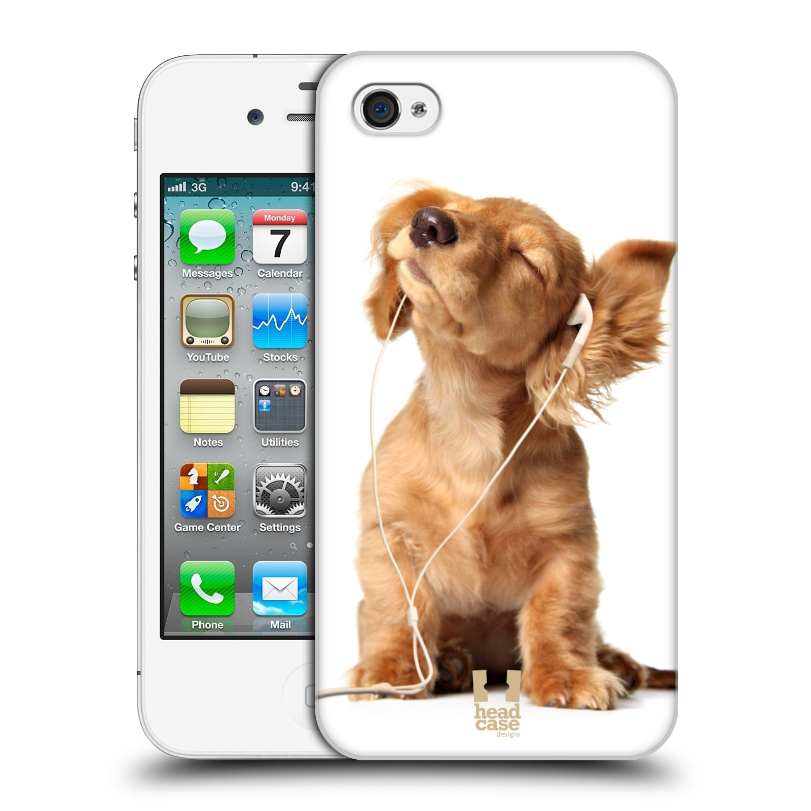 HEAD CASE plastový obal na mobil Apple Iphone 4/4S vzor Legrační zvířátka roztomilé štěňátko se sluchátky MUSIC