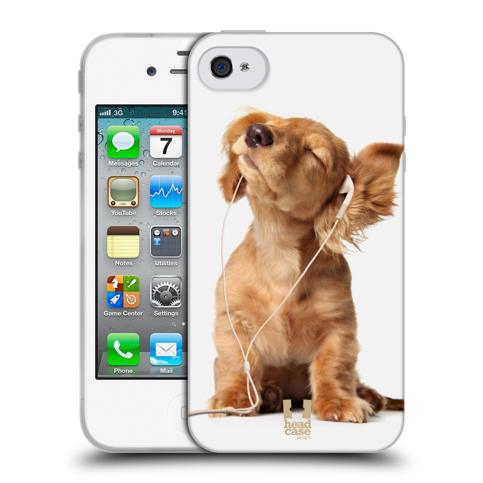HEAD CASE silikonový obal na mobil Apple Iphone 4/4S vzor Legrační zvířátka roztomilé štěňátko se sluchátky MUSIC