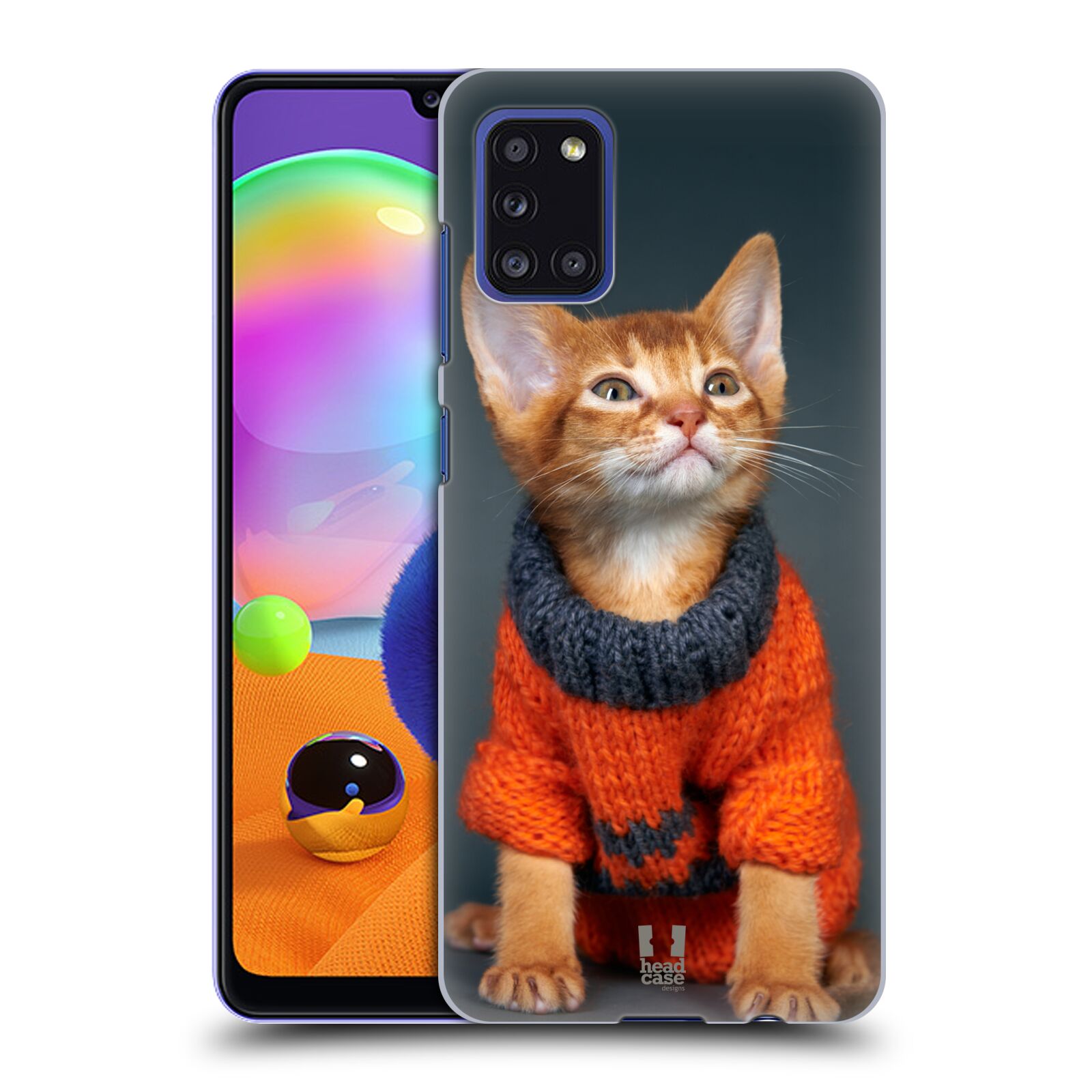 Zadní kryt na mobil Samsung Galaxy A31 vzor Legrační zvířátka kočička v oranžovém svetru