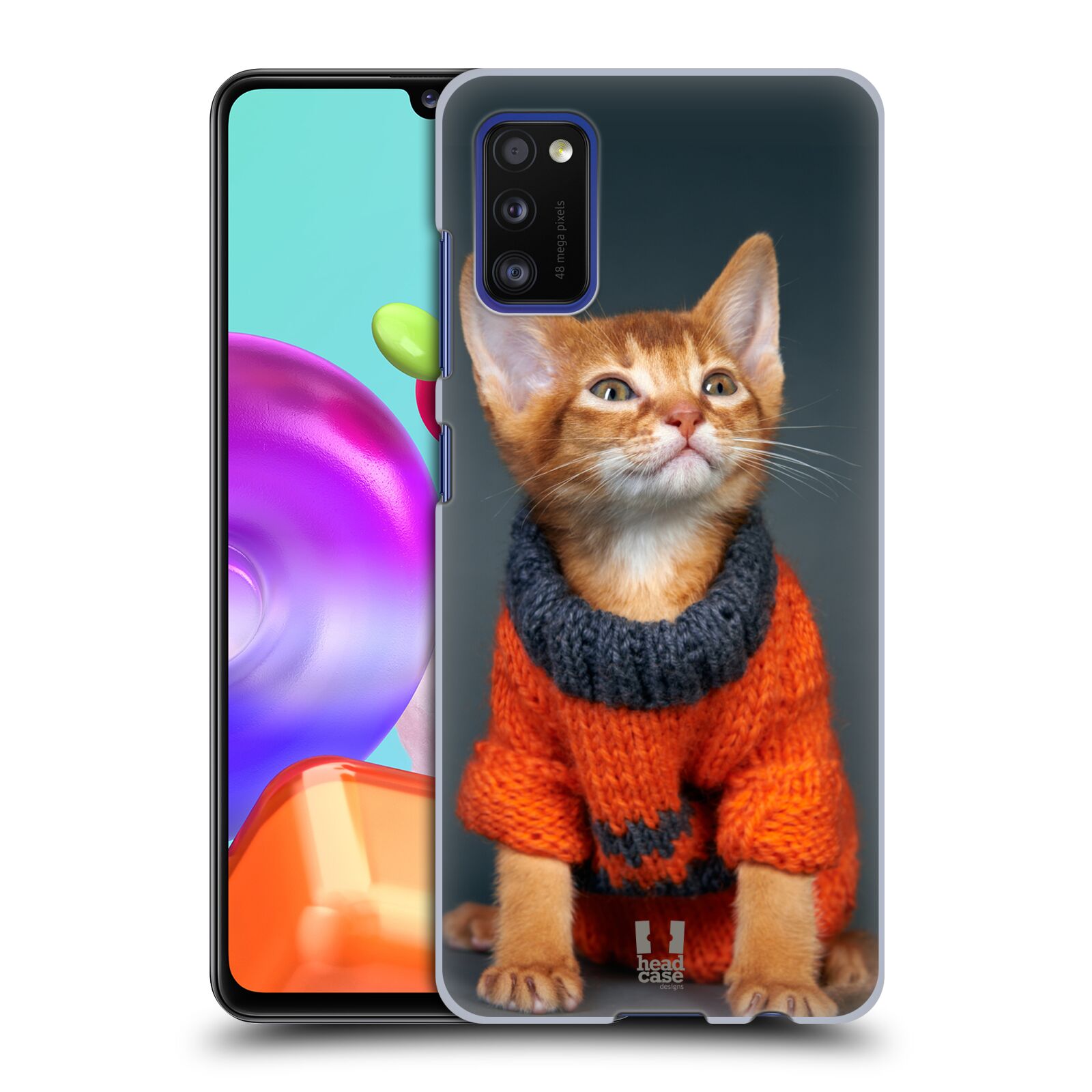 Zadní kryt na mobil Samsung Galaxy A41 vzor Legrační zvířátka kočička v oranžovém svetru