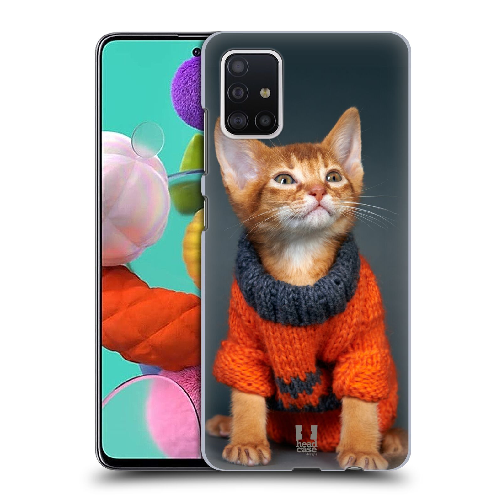 Pouzdro na mobil Samsung Galaxy A51 - HEAD CASE - vzor Legrační zvířátka kočička v oranžovém svetru