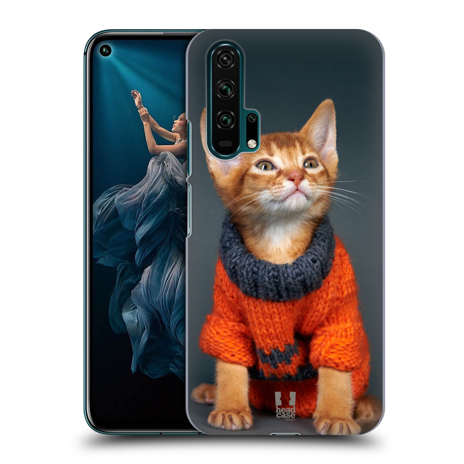 Pouzdro na mobil Honor 20 PRO - HEAD CASE - vzor Legrační zvířátka kočička v oranžovém svetru