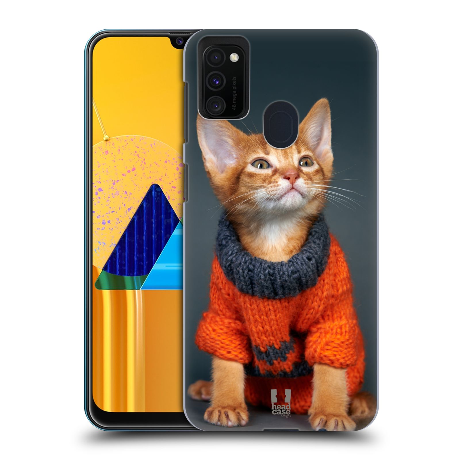 Zadní kryt na mobil Samsung Galaxy M21 vzor Legrační zvířátka kočička v oranžovém svetru