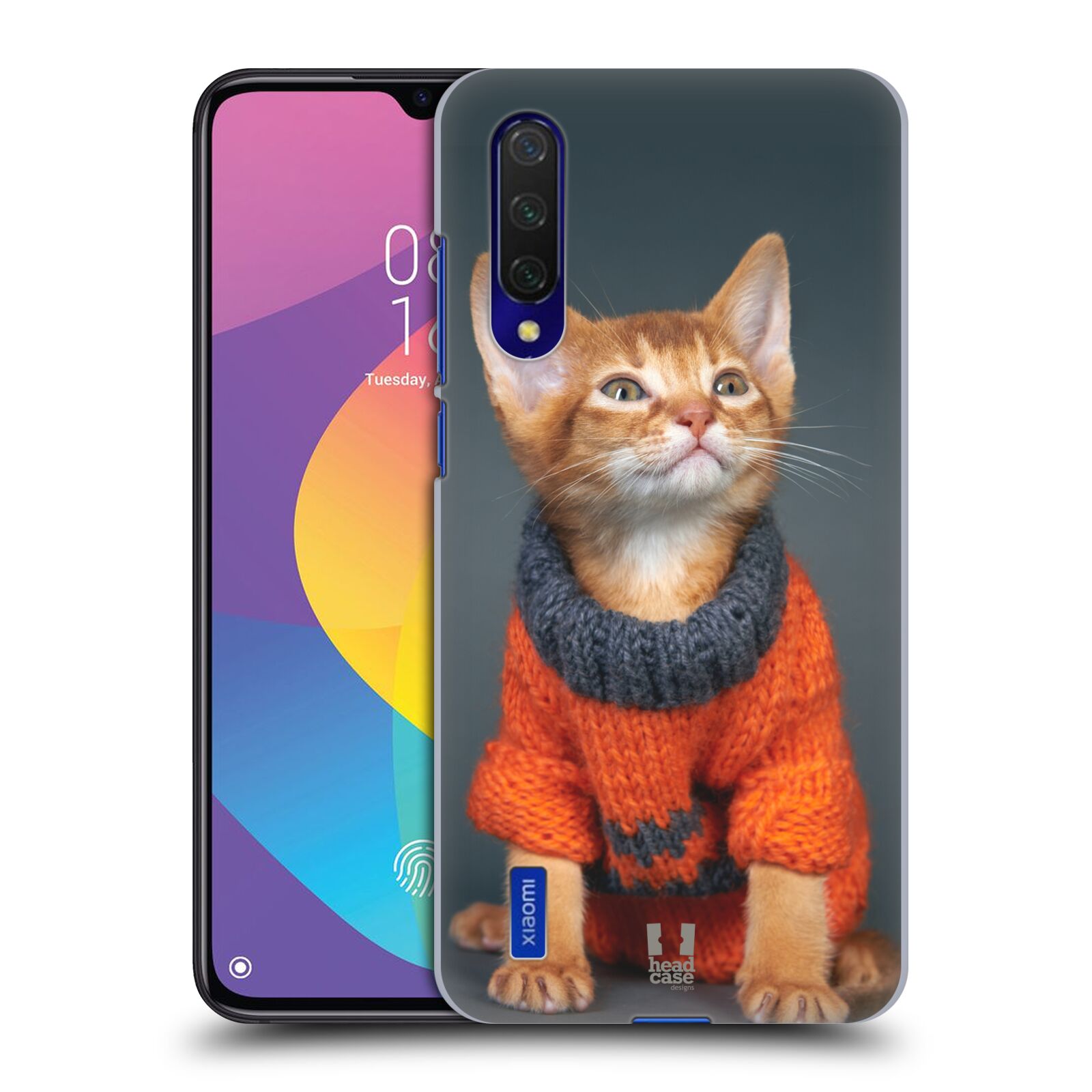 Zadní kryt na mobil Xiaomi MI 9 LITE vzor Legrační zvířátka kočička v oranžovém svetru