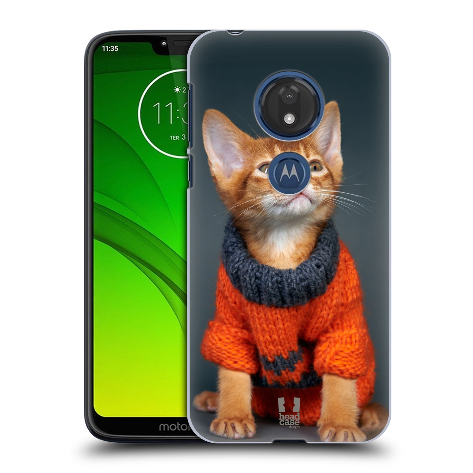 Pouzdro na mobil Motorola Moto G7 Play vzor Legrační zvířátka kočička v oranžovém svetru