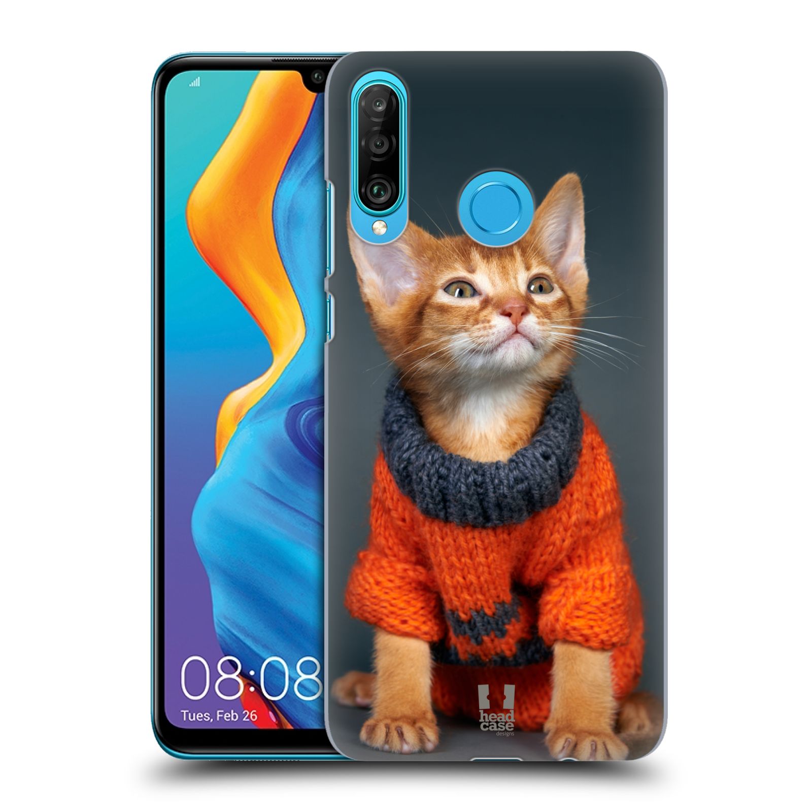 Pouzdro na mobil Huawei P30 LITE - HEAD CASE - vzor Legrační zvířátka kočička v oranžovém svetru