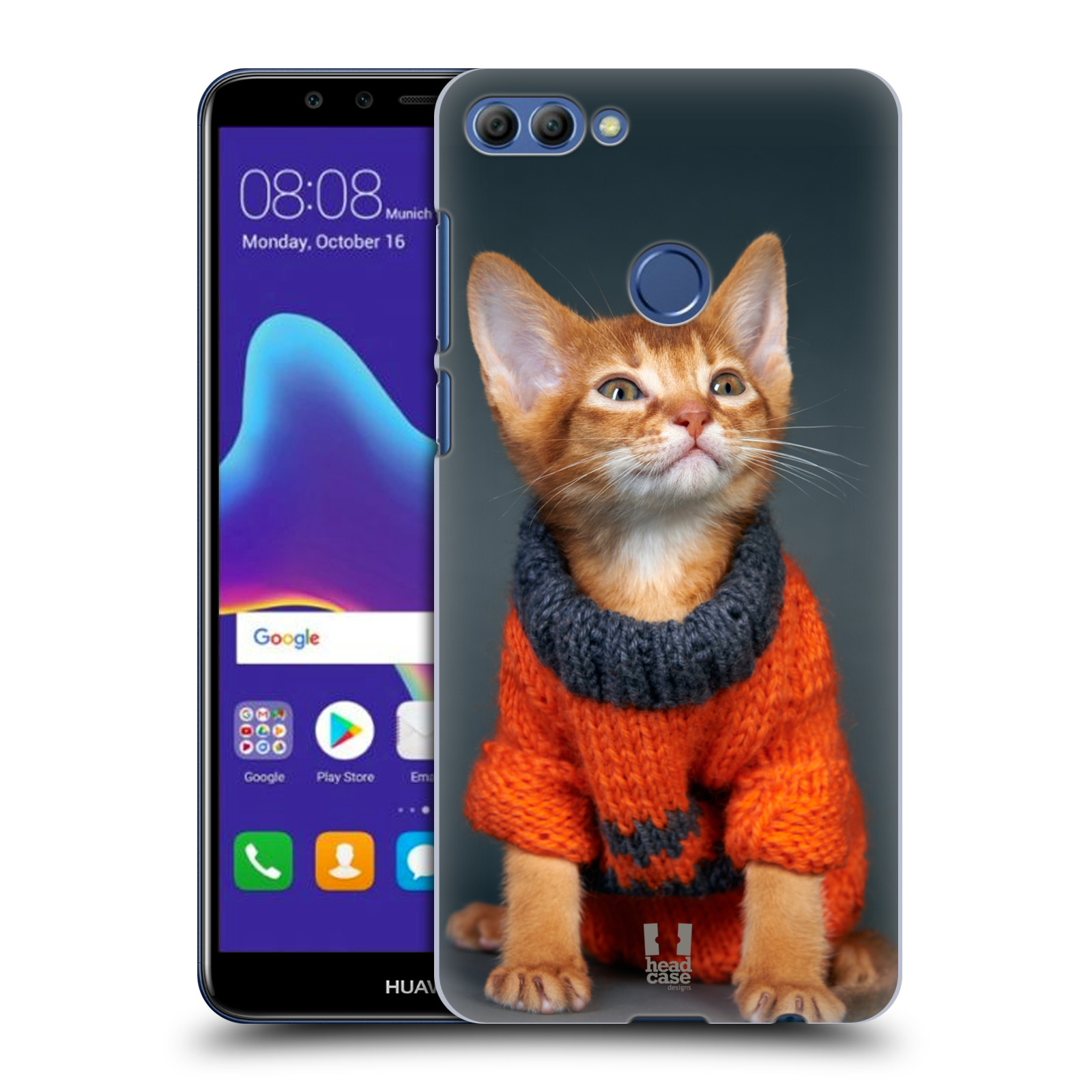 HEAD CASE plastový obal na mobil Huawei Y9 2018 vzor Legrační zvířátka kočička v oranžovém svetru