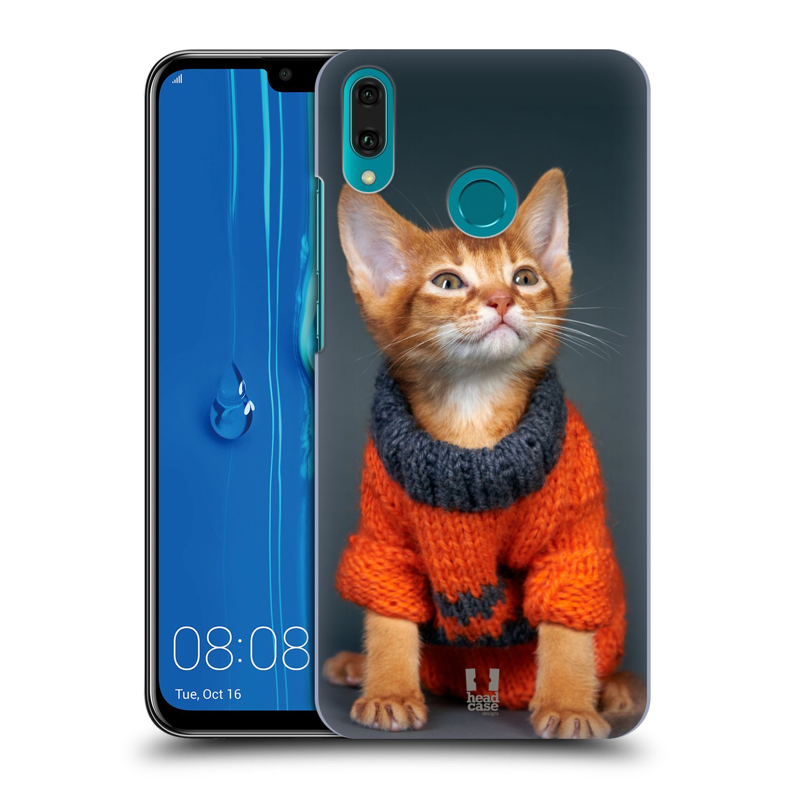 Pouzdro na mobil Huawei Y9 2019 - HEAD CASE - vzor Legrační zvířátka kočička v oranžovém svetru