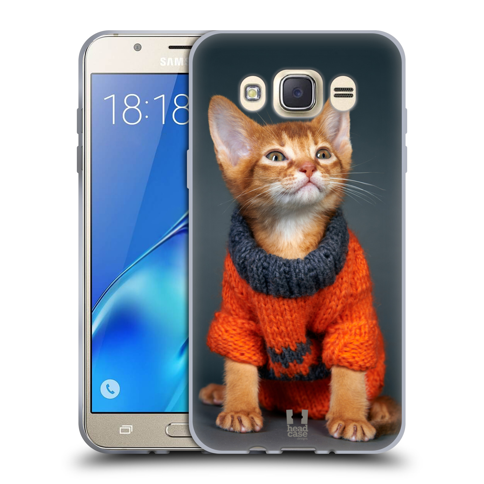 HEAD CASE silikonový obal, kryt na mobil Samsung Galaxy J7 2016 (J710, J710F) vzor Legrační zvířátka kočička v oranžovém svetru