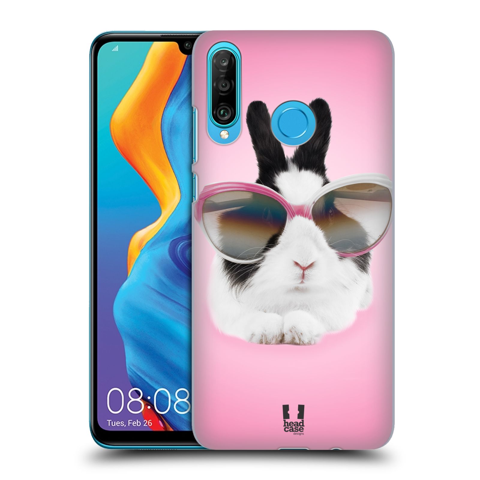 Pouzdro na mobil Huawei P30 LITE - HEAD CASE - vzor Legrační zvířátka roztomilý králíček s brýlemi růžová