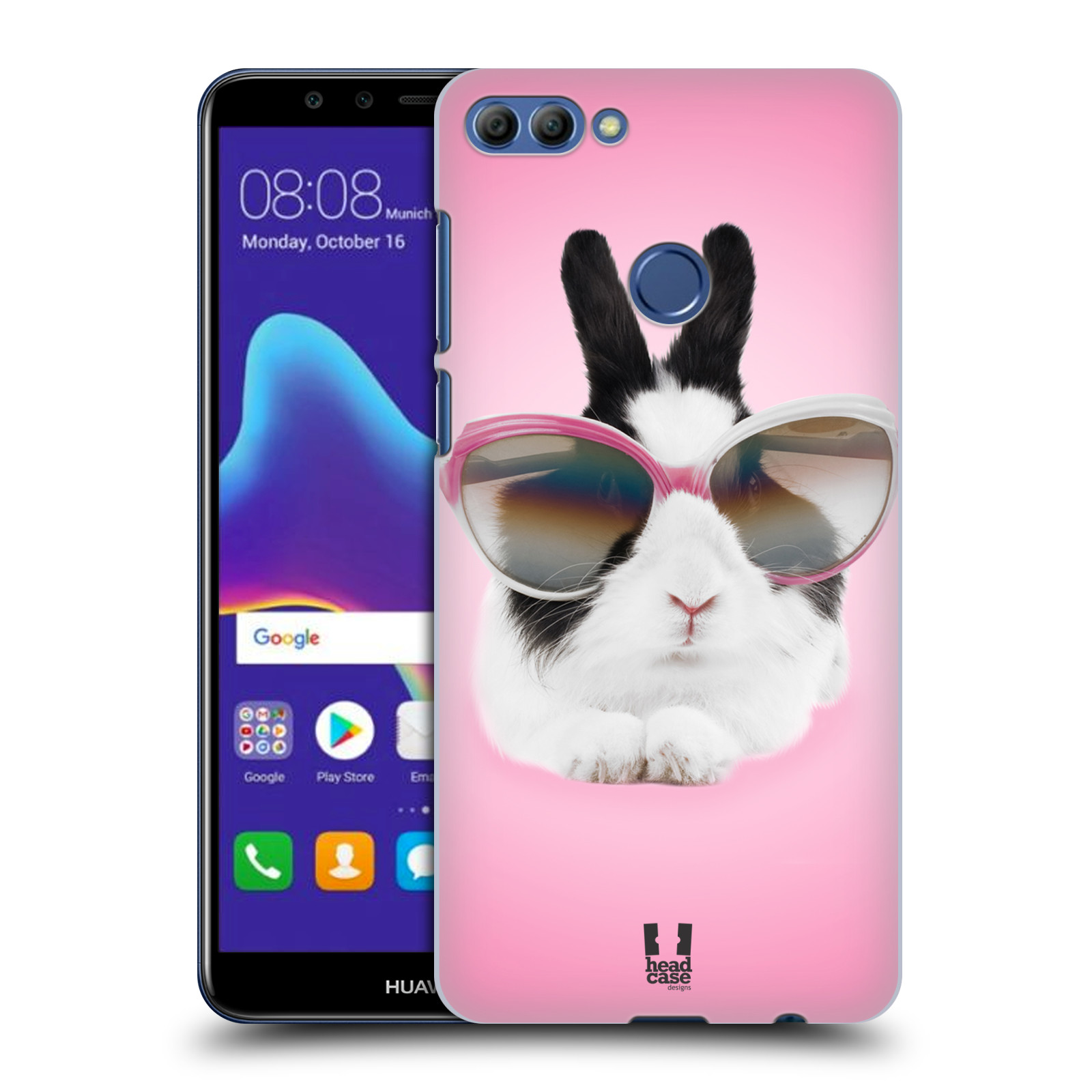 HEAD CASE plastový obal na mobil Huawei Y9 2018 vzor Legrační zvířátka roztomilý králíček s brýlemi růžová