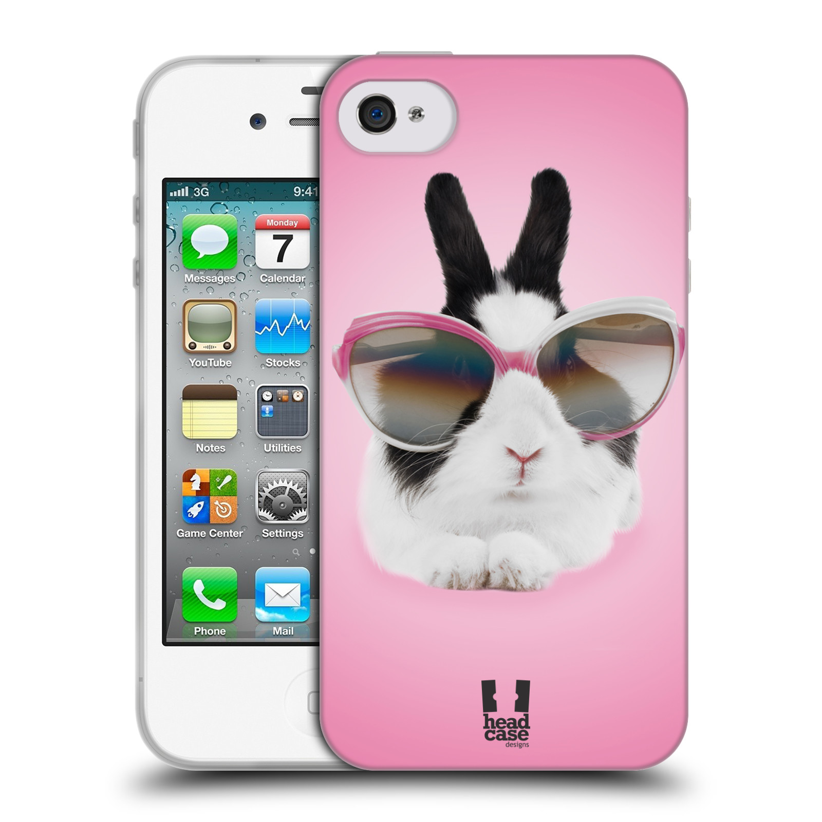 HEAD CASE silikonový obal na mobil Apple Iphone 4/4S vzor Legrační zvířátka roztomilý králíček s brýlemi růžová